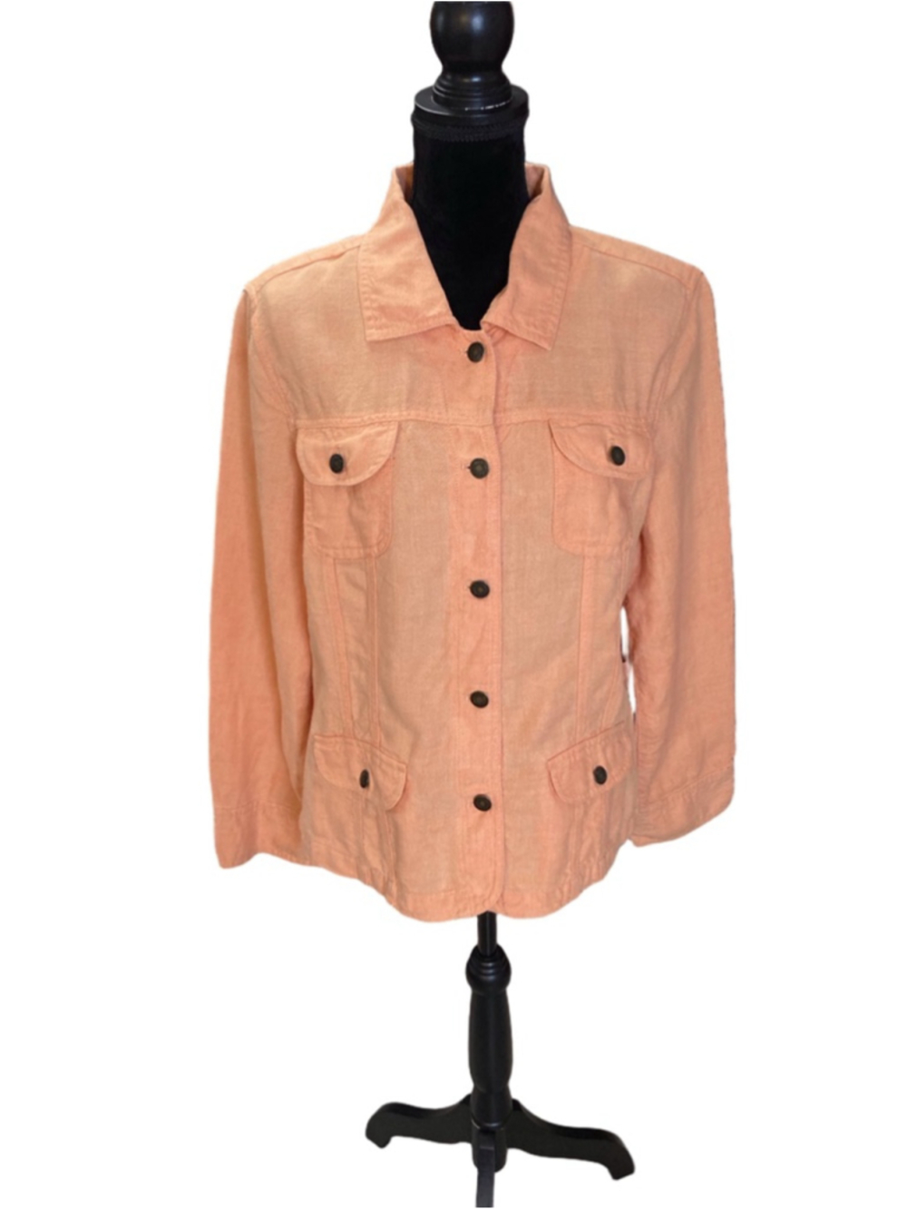 J Jill Womens Large Linen Button Front Jacket Peach Coral Utility Shirt Shacket